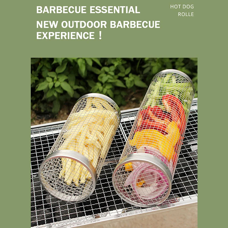 Stainless Steel Rolling Cooking Grill Grate, Outdoor Charcoal BBQ Grid, Round Grilling Basket with Removable Mesh Cover