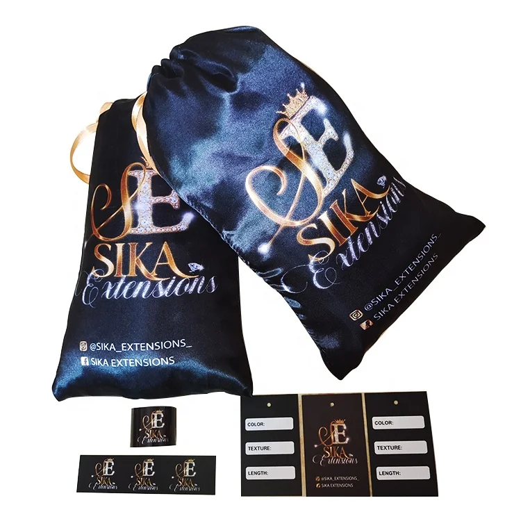 BN-142 Wholesale drawstring gift silk satin pouch hair extension packaging black satin bag with customized logo