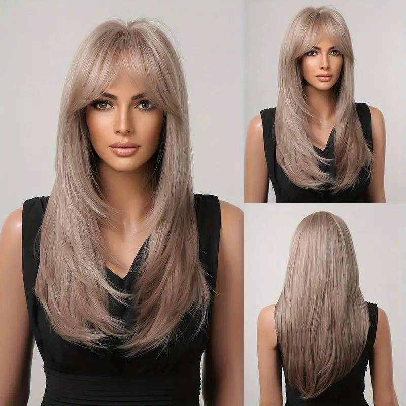 Factory Cheap 24 Inch Long Straight Layered Hair Wigs Synthetic Hair Replacement Wigs With Bangs For Daily Use For Women
