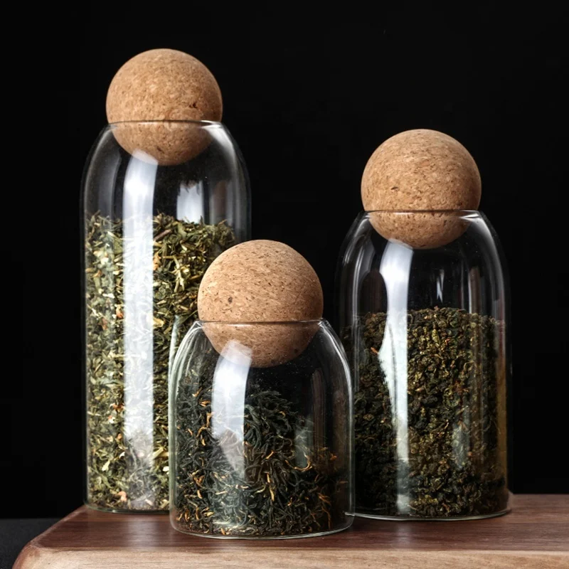 Factory supply easy to clean spices corked glass jar food storage with ball-shaped
