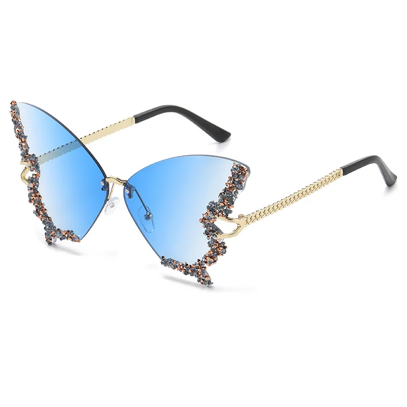 2023 Hot Selling Rimless Oversized Bling Rhinestone Diamond Sunglasses Lady Trendy Shades Sun Glasses Retro