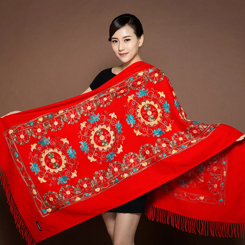 New Ladies Soft Pashmina Scarves Shawls Wholesale Winter Warm Women Tassel Embroidered Flower Cashmere Scarf For Girls