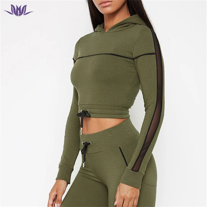 Wholesale Fitness Mesh Insert Sexy Womens Green Crop Hoodie Tracksuit crop top designer clothes sweatsuit custom