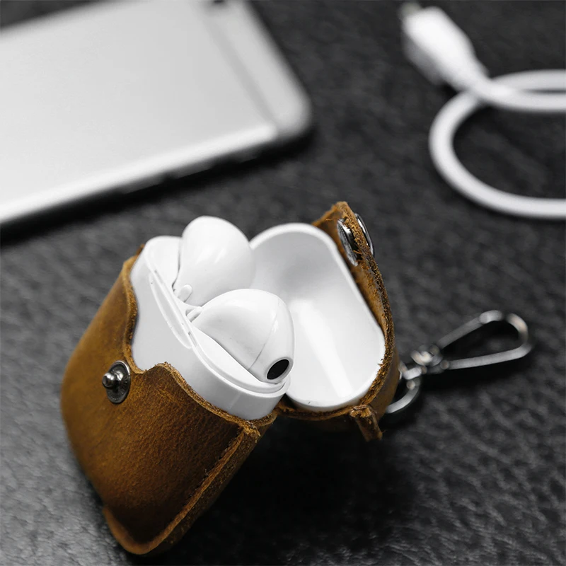 Best Selling Handheld Portable Travel Mini Durable First Layer Cowhide Headphone Storage Bag With Metal Buckle