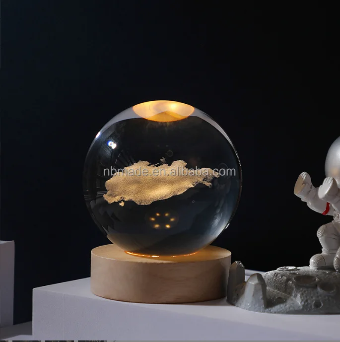 Solar System Moon Nebula 3d art K9 crystal ball Night Lamp luminous Crystal 3d Ball Night Lamp with Wooden Led Night Light Base