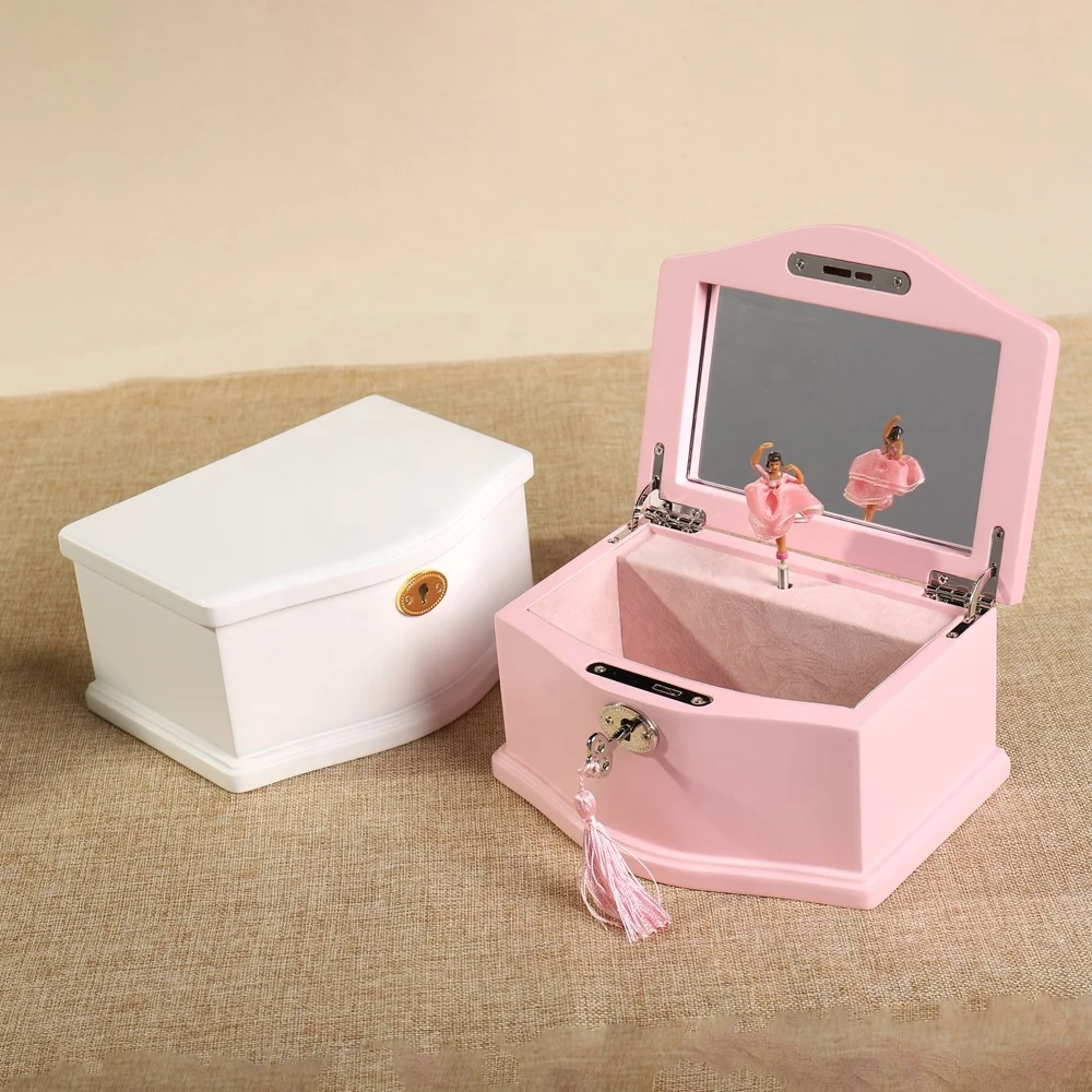 Wooden Jewellery Music Box Wooden Collector's Box Factory Custom Ballet Girl Spinning Wind up White and Pink Carton Wood Box