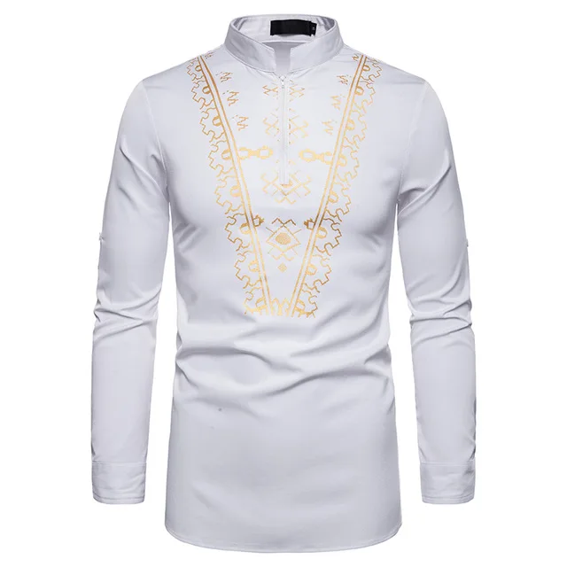 
Men Cotton Polyester African Printing Long Sleeve Stand Collar Dashiki Mens Shirts 