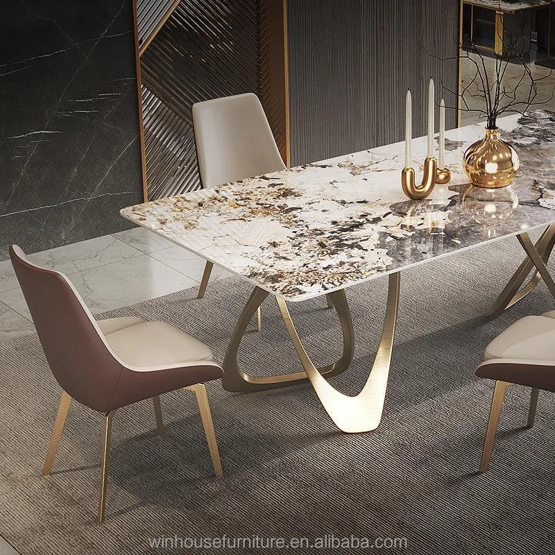 Luxury stainless steel dining table dinning set with 6 chairs dining table with mable top dining room furniture
