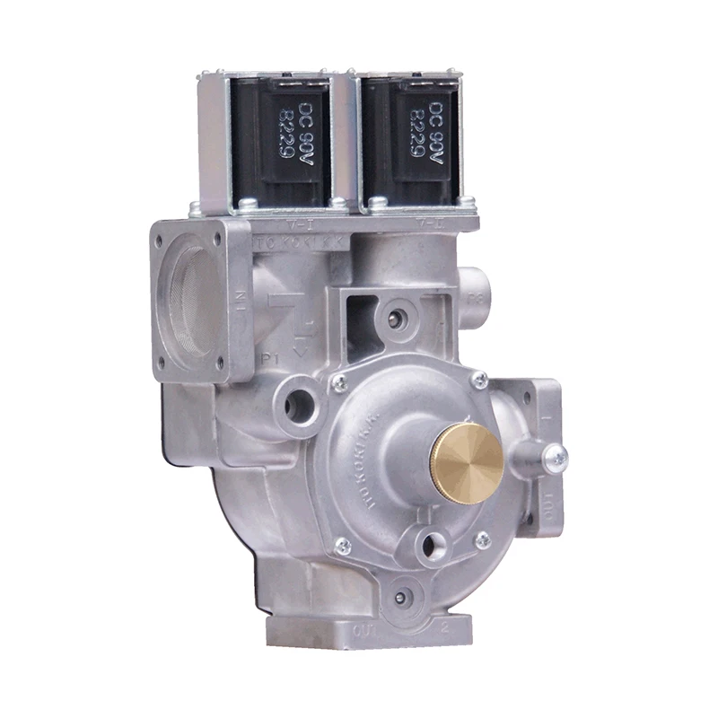 Space saving compact pressure gas regulator solenoid valves for gas