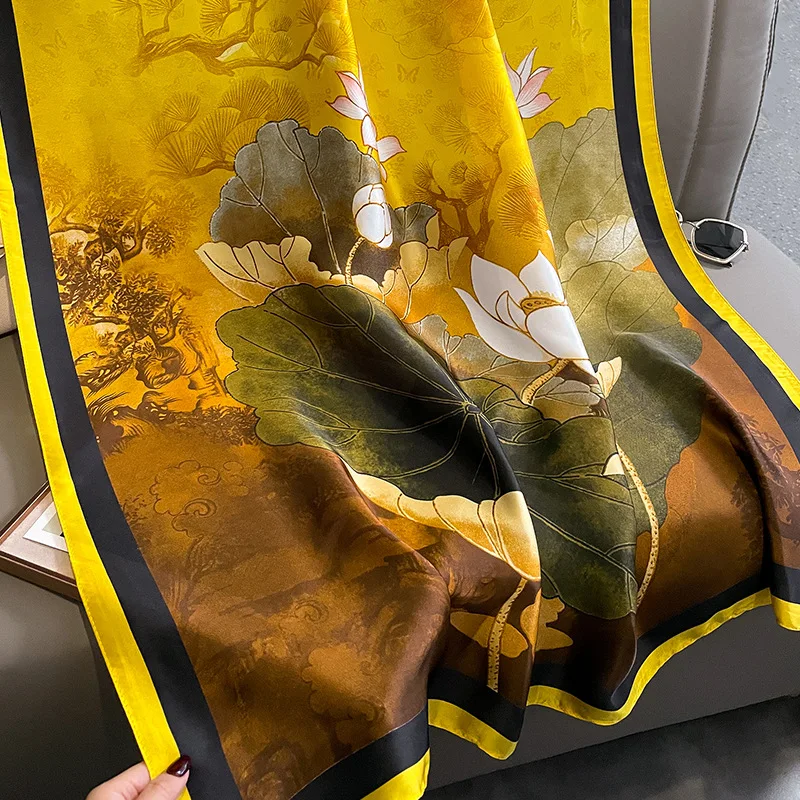 2023 Hot Sell New Fashion Floral Printed Silk Head Scarf Shawl Muslim Women Elegant Flower Print Silk Scarves Soft Long Hijabs