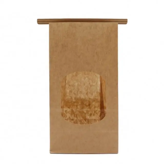 Square Block Flat Bottom Gusset Coffee Bean Tin Tie dessert Kraft Paper Bag with Window