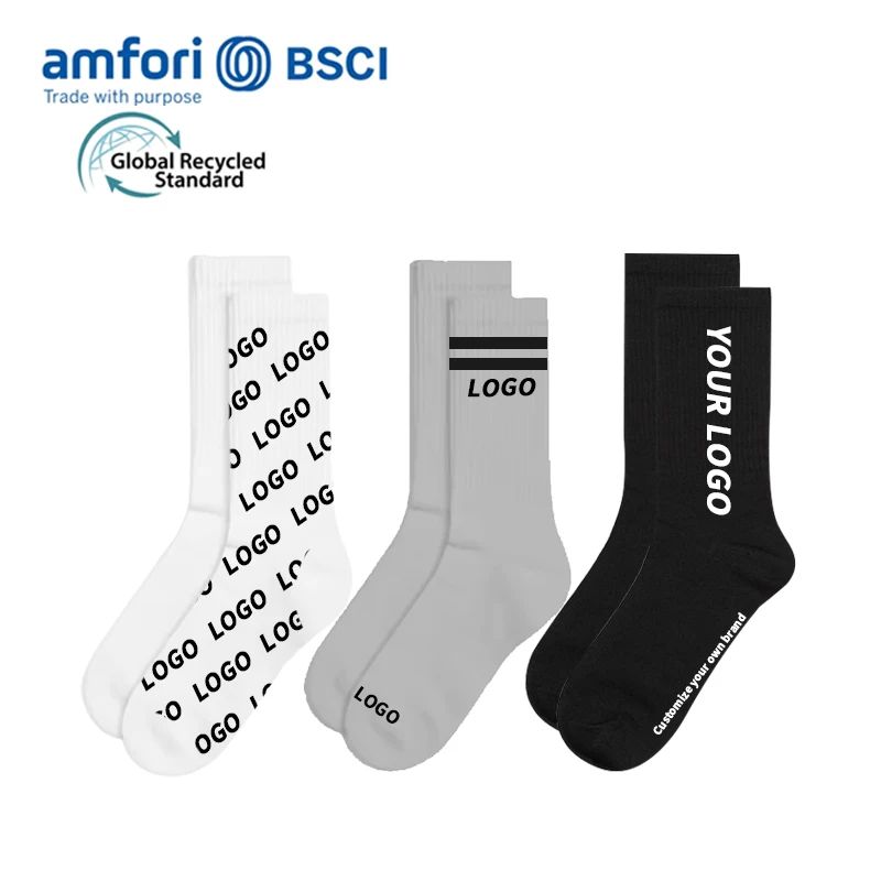 OEM Design Your Own Brand Socks Logo Custom High Quality Men Cotton White Crew Socks Custom Sports Calcetines