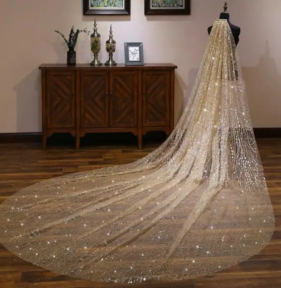 Champagne Brightly-colored bridal veil with trailing tails