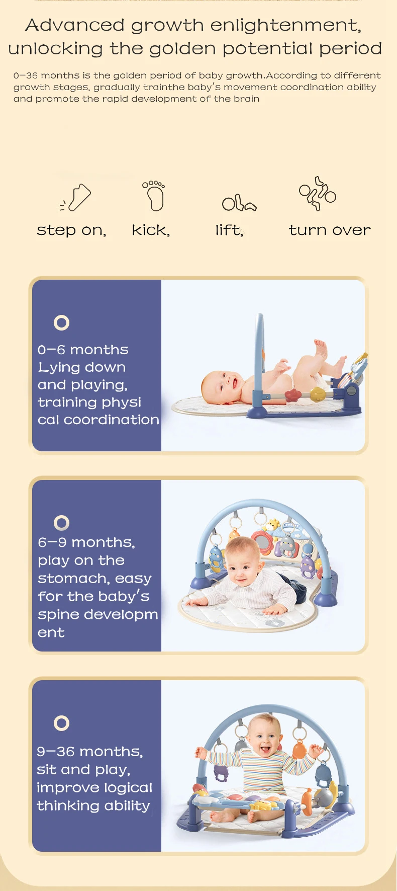 2023 Special offer OEM Activity Fitness Sleeping Game Baby Play Gym Mat Baby Kick And Play Mat With Piano