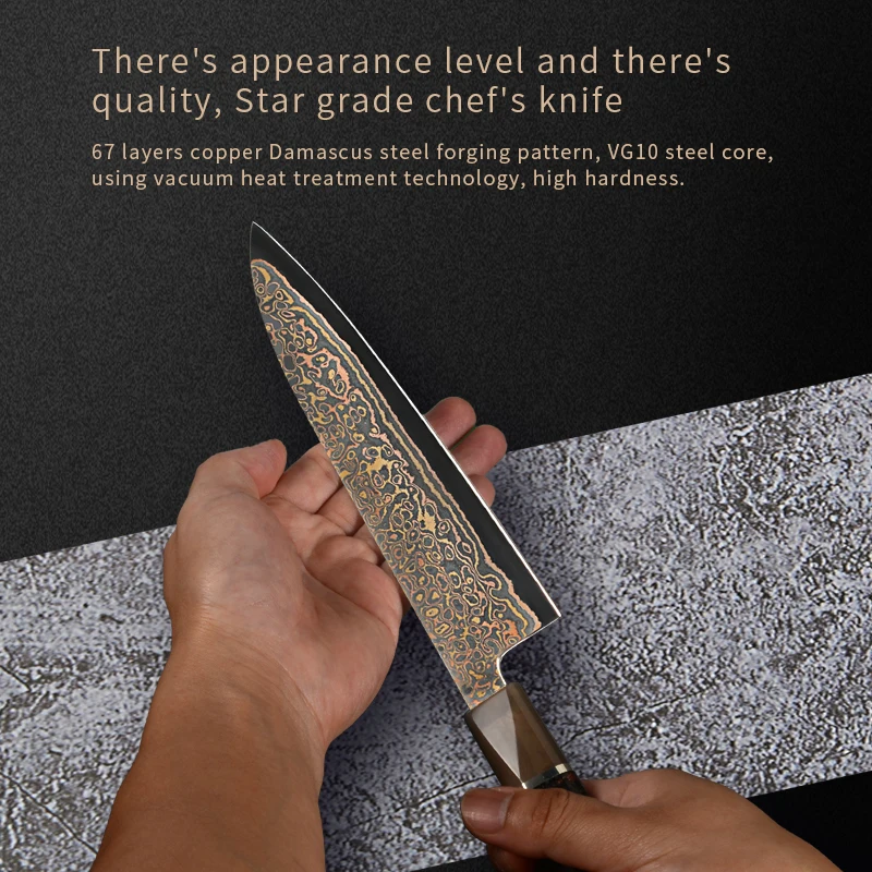 Luxury Copper Damascus Steel Kitchen Knife  Japanese  VG-10 Core Buffalo Horn  Resin Mixed Carbon Fiber& Copper