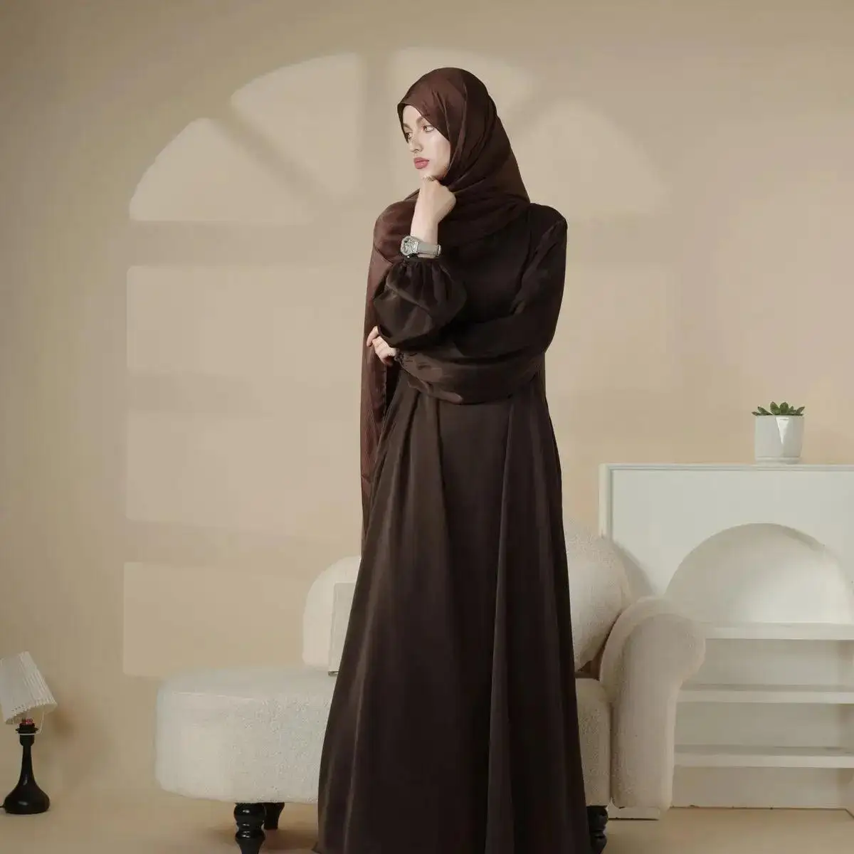 Wholesale Elegant Islamic Turkish Linen Abaya Muslim Girls Women Long Sleeve Cotton Linen Dress Luxury Modest Satin Dresses