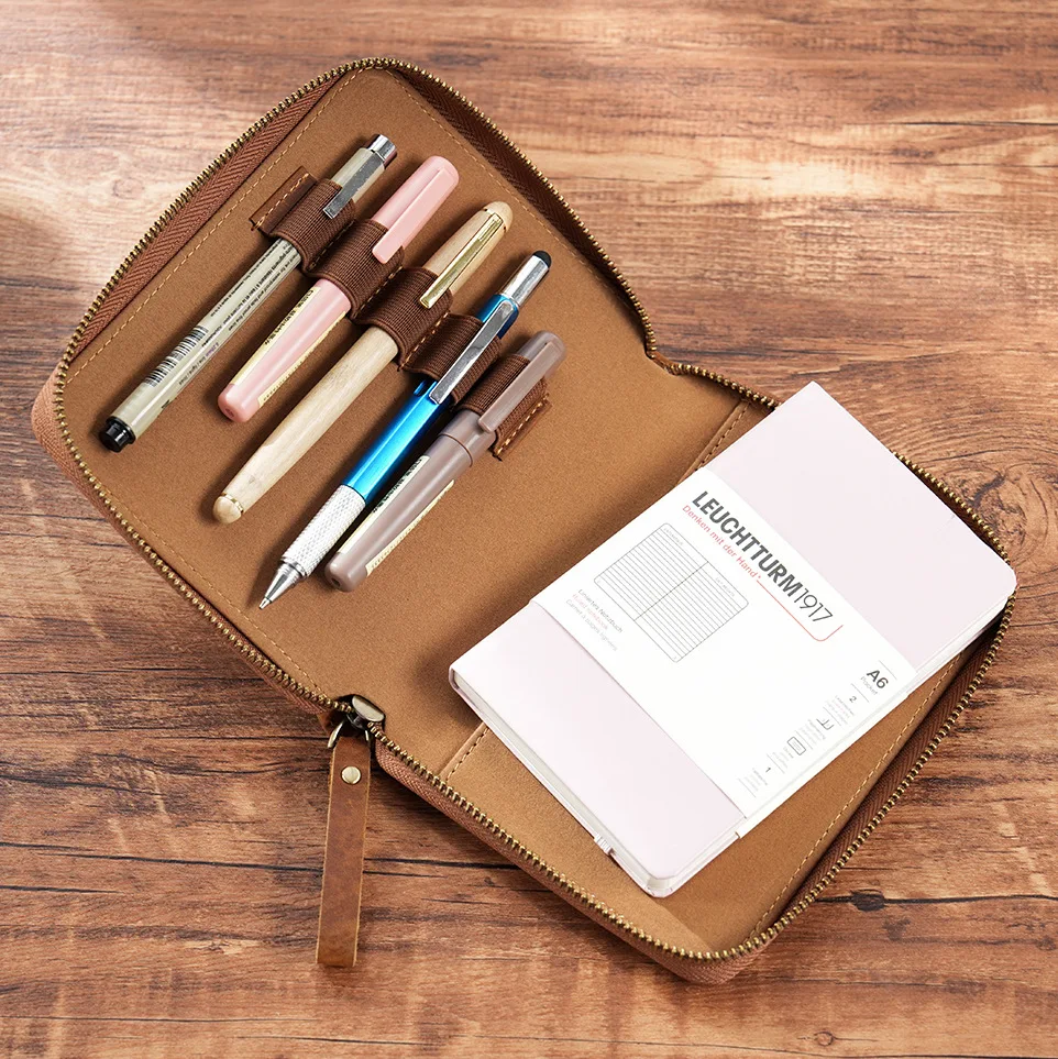 A6 Genuine Leather Notebook With Pen Holders Zipper Bag Journal Diary Writing Note book Laser Engrave Custom LOGO Promotion Gift