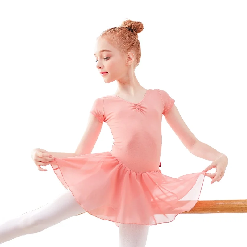 AWG222 Customized Children Ballet School leotards Girls Dance tutu dress Short Sleeved Mesh dancewear tutu