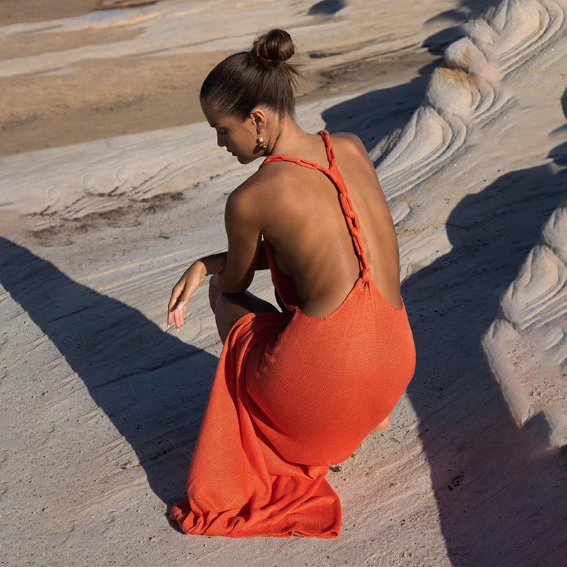 RX STOCK B888 Sexy Knitted Beach Bikini Swimsuit Cover Up Sun Protection Dresses Women Lady Elegant Beach Knit Dress