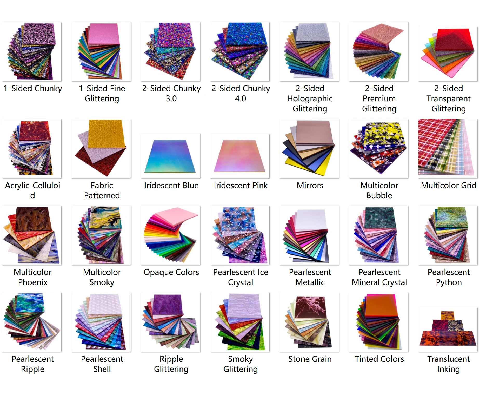 
A full set of all the samples for all 27 types/colors of acrylic sheets, 98mm x 98mm, 340 pcs! 