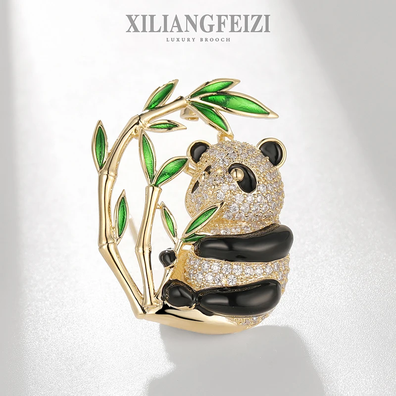 XILIANGFEIZI Fashion Jewelry Design Enamel Zircon 14K Gold Animal Bamboo Panda Brooches
