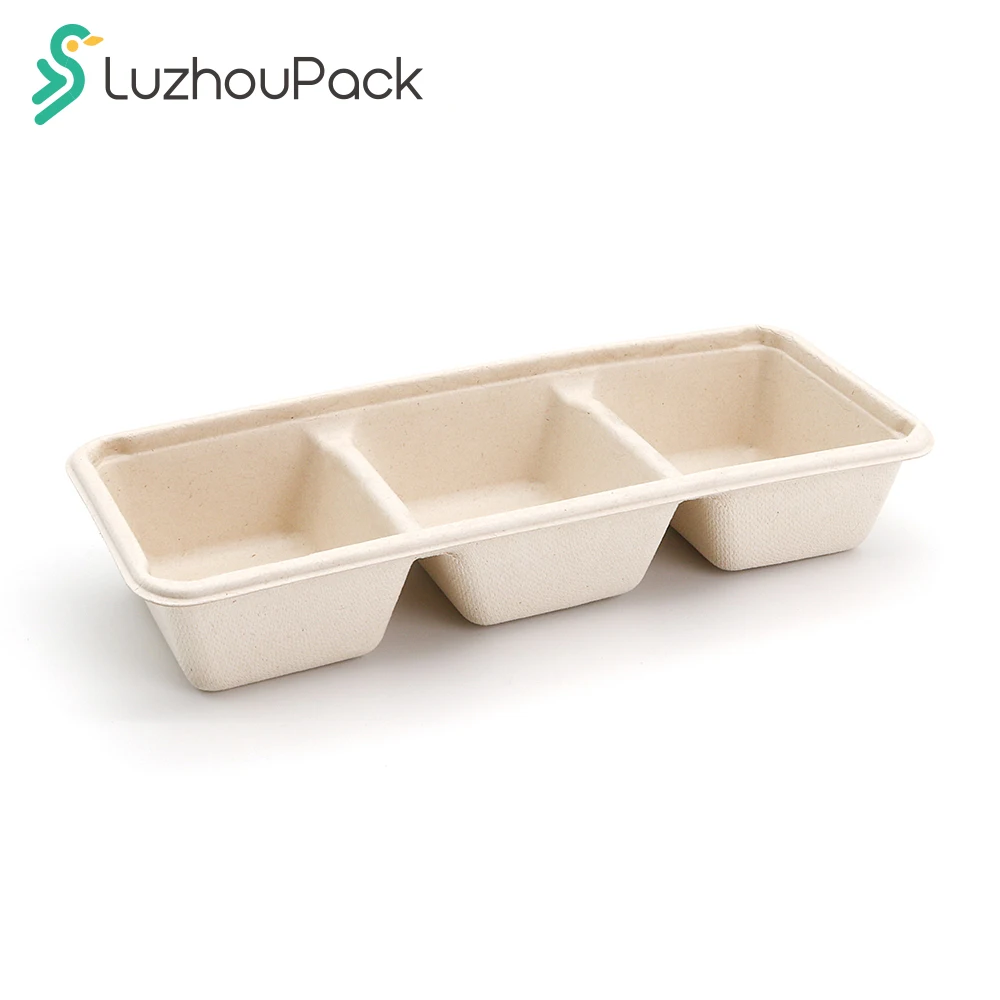 LuzhouPack 3 Compartments Biodegradable Disposable Dinnerware Sugarcane Bagasse Paper Appetizer Box with Lid Sauce Cup