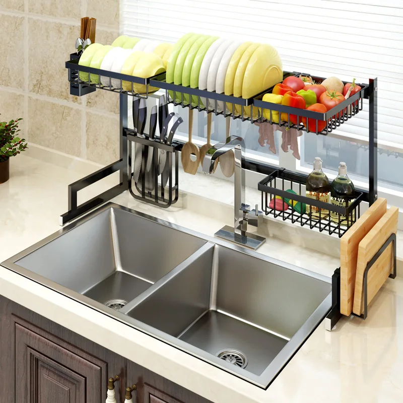 Over Sink Drying dish rack, Stainless Steel dish rack for Kitchen Storage, Kitchen Sink Organizer dish racks 85cm black