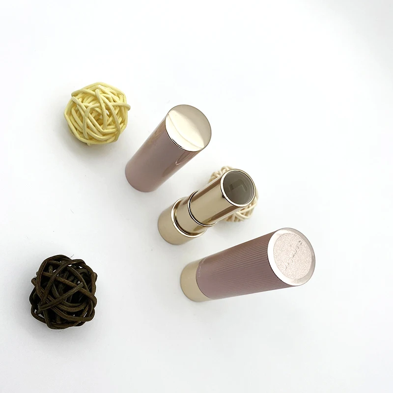 Empty pink gold round lipstick tube vertical fine Stripe three parts additional top metal piece flat inner tube click top tube