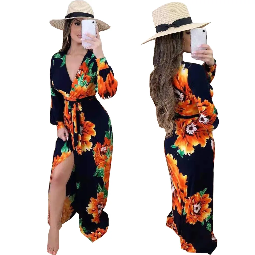 Wholesale Women Elegant A-line Dress Long Sleeve Digital Printed Flower Bohemian Maxi Dress Women Vintage Printed Floral Dress