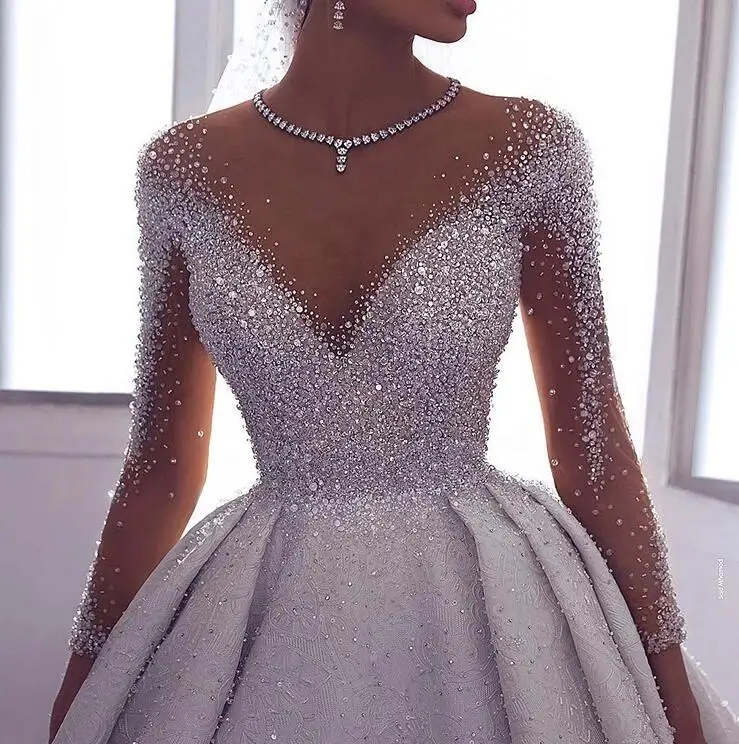 Великолепное роскошное бальное платье с бисером, длинным шлейфом и длинным рукавом, свадебное платье, свадебное платье с кристаллами