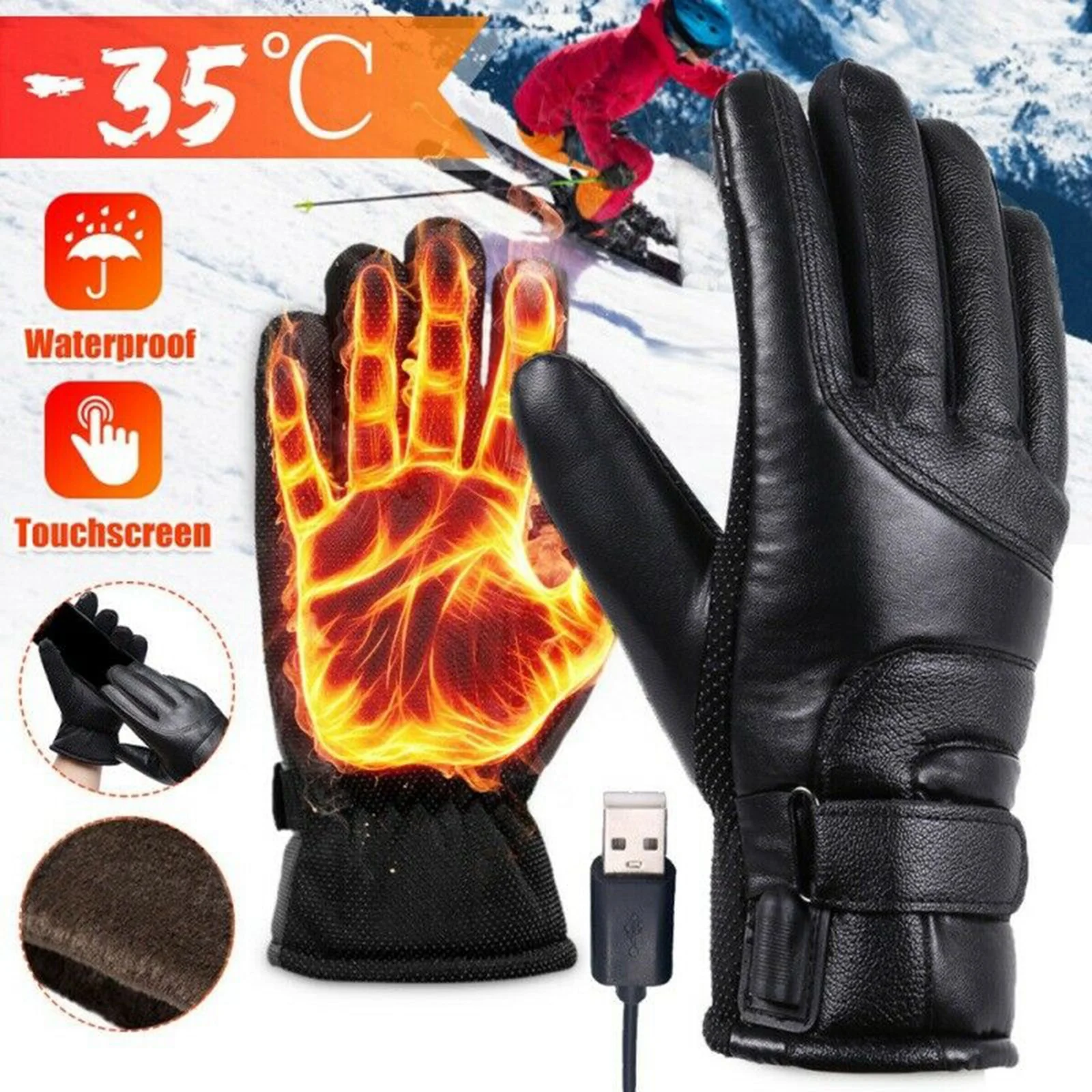 Portable Warmth Winter Heated Gloves Motorcycle Waterproof PU Leather Electric Heating Gloves USB Rechargeable Soft Warm Gloves