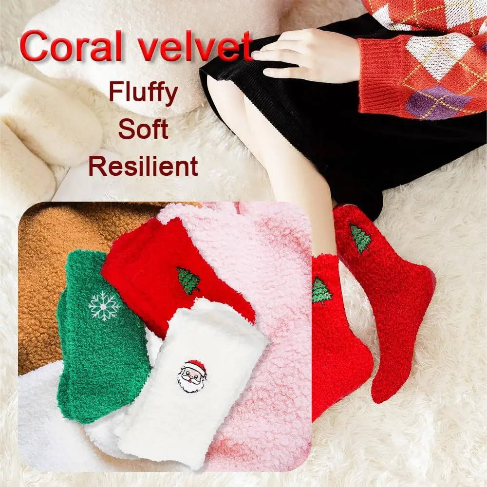 Adults Warm Fluffy Coral Fleece Socks  in Cute Christmas Design Cozy Winter Knitted Holiday Gift Package