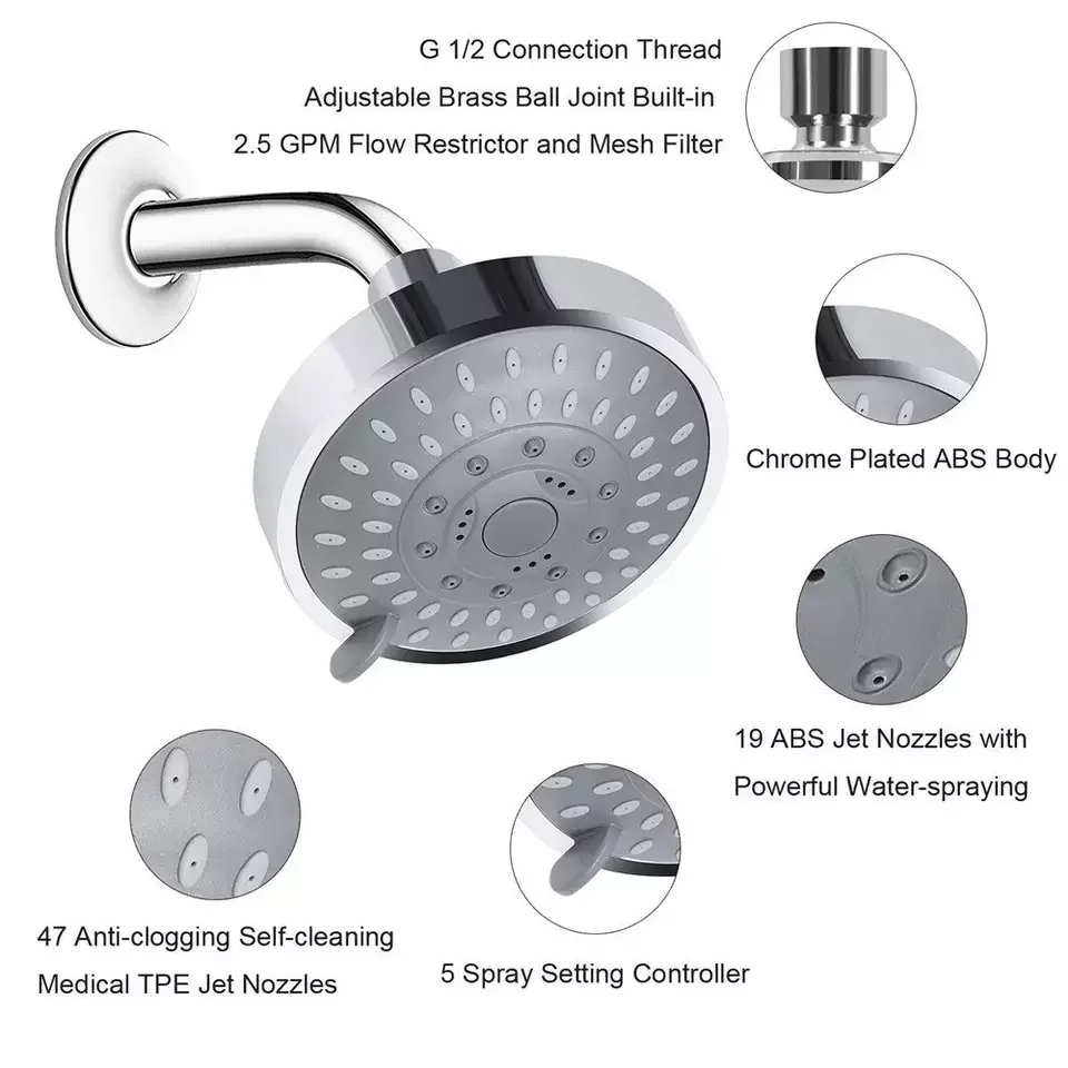 High Pressure Rain Fixed Showerhead 5 Different Spray Modes Ceiling Shower Head with Adjustable Metal Swivel Ball Joint