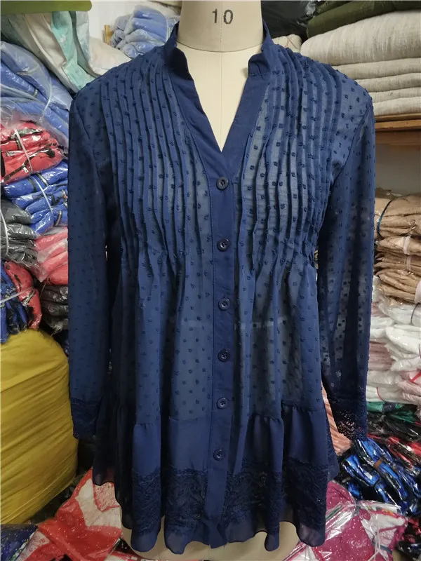 Summer Fashionable Long Sleeve Lace Crochet Patchwork Shirt Big Size Pleated Blouse Tops