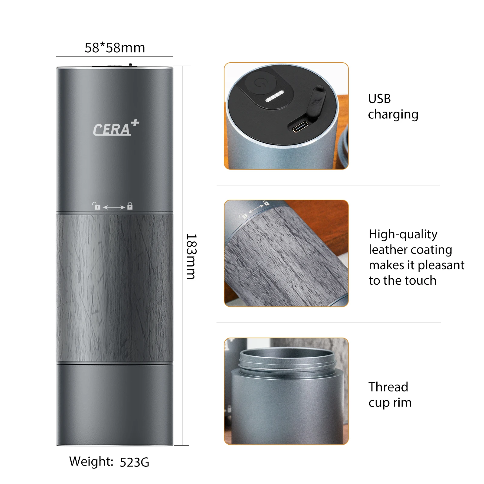 CERA+ Electric Espresso Coffee Bean Grinder Machine Stainless Steel Manual Burr Portable Coffee Grinder