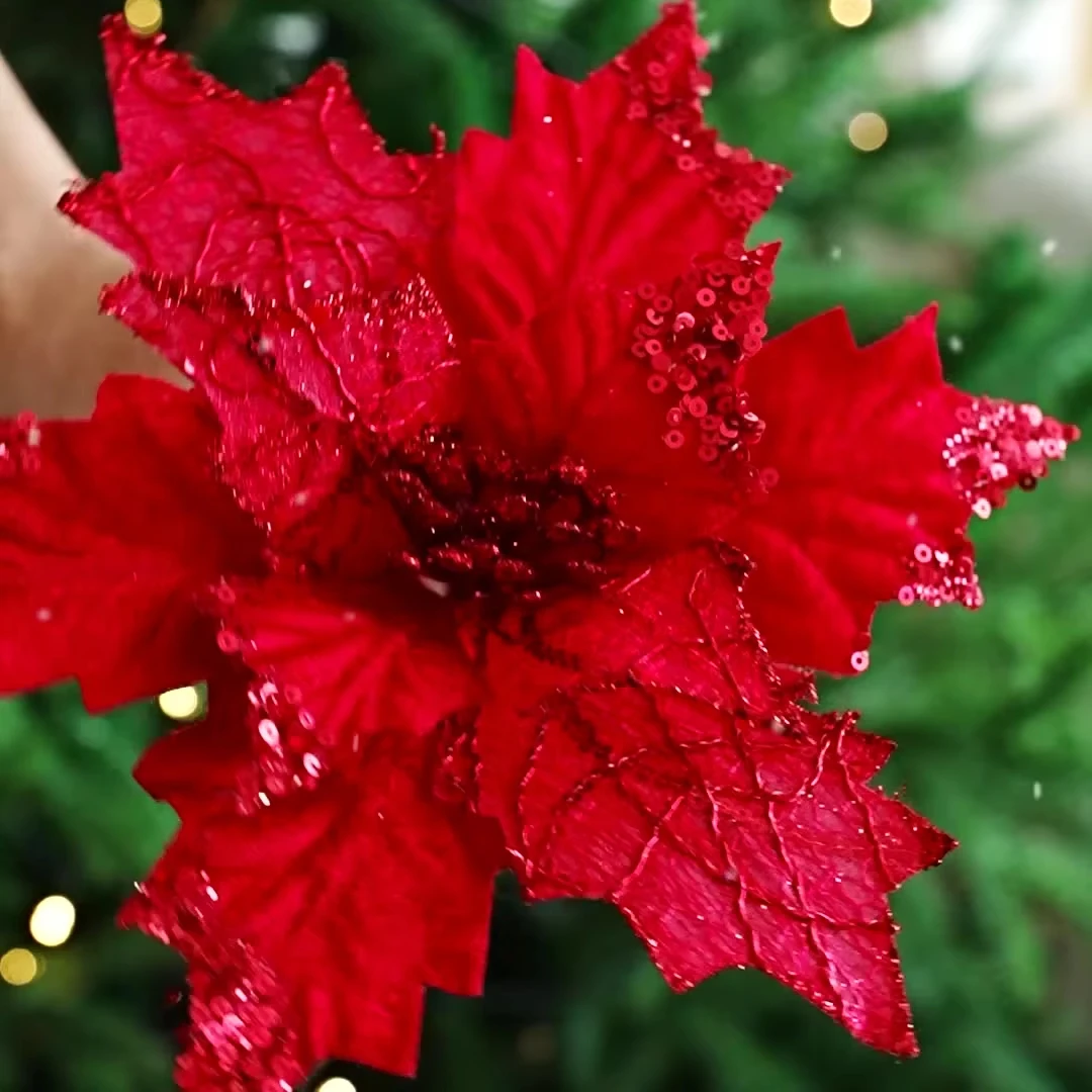 Sequin Christmas Artificial Flower 20cm Red Christmas Flowers Poinsettia Flower Christmas Artificial