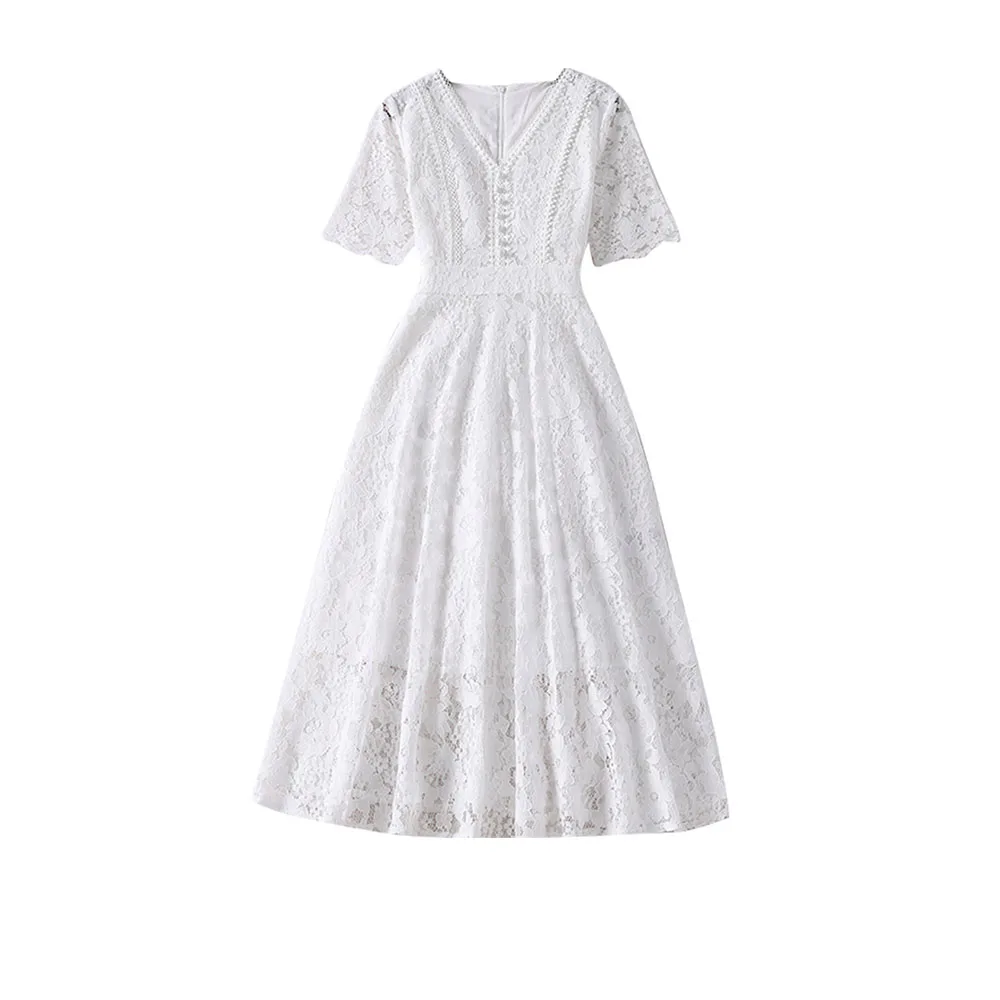 king young full lining sexy fashion lady V-neck short sleeve button boutique summer lace long summer classic dress white