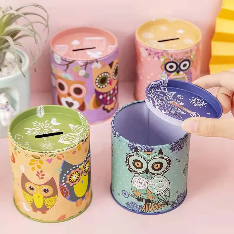 Wholesale creative owl pattern mini round metal kids piggy bank money boxes