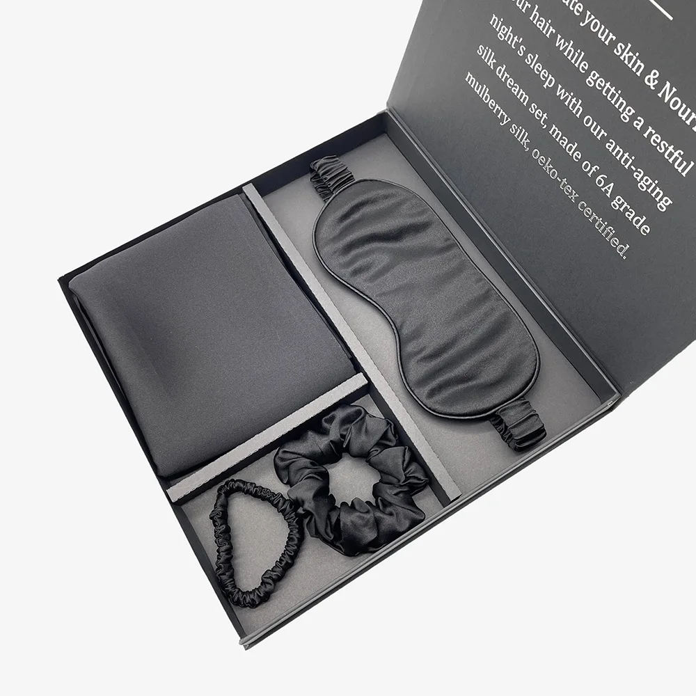 OEKO Tex-100 manufacture custom luxury 4 gift set of silk pillow case eye mask headband and slippers pure silk travel set
