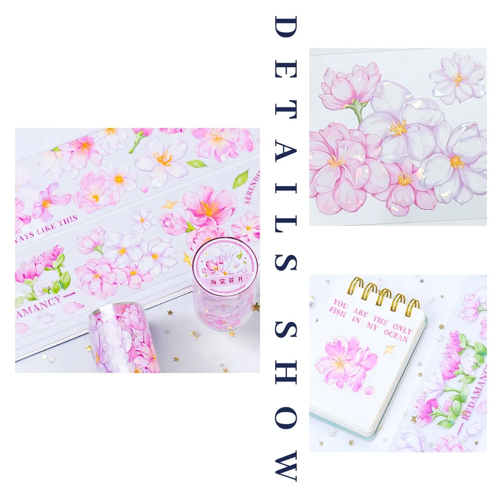 Flower Design PET Washi Tape Sticker Custom Transparent PET Tape Roll Raised Shell Holographic Foil High Quality PET Tape