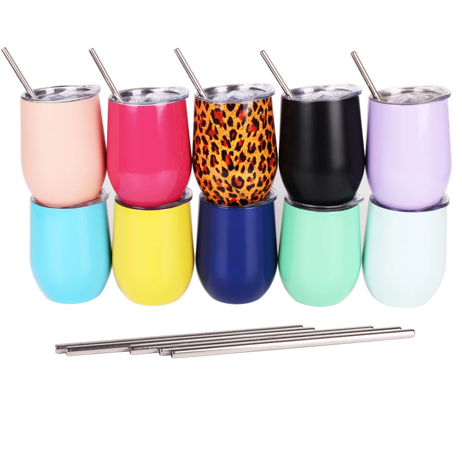 Custom 12oz Stainle steel Stemless Wine Tumblers with Lid and Straw Vacuum Insulated Powder Coated Glitter wine Cup coffee mug