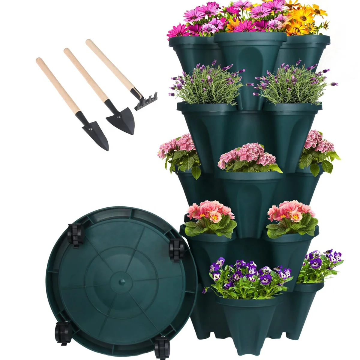 Vertical Planter Stackable Garden Planters Strawberry Herb Flower and Vegetable Planter with Removable Wheels and Tools
