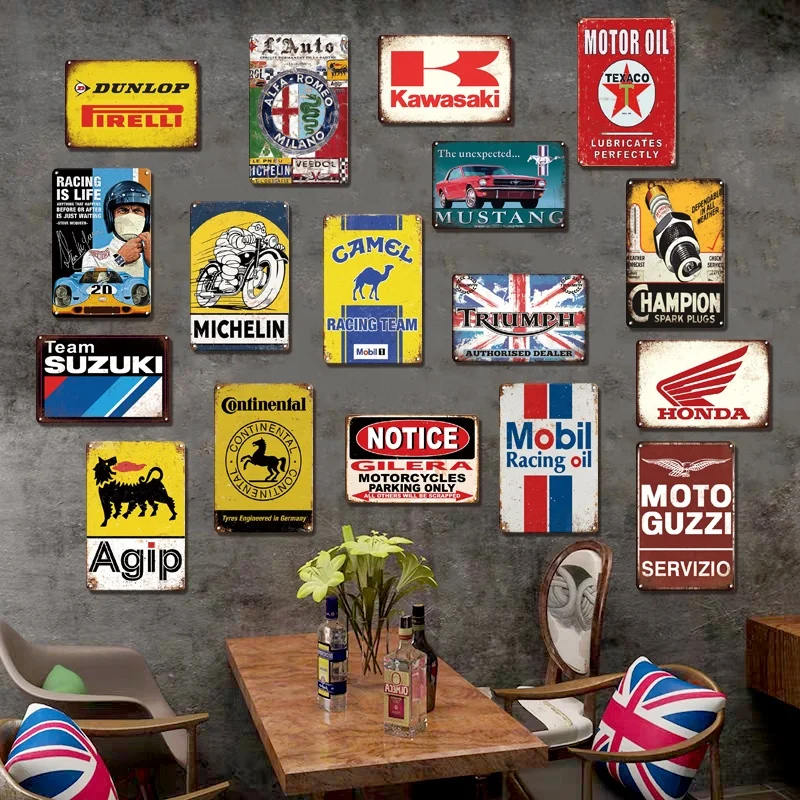 Wholesale Metal Tin Sign Vintage Garage Wall Decoration Metal Motorcycle Brand Logo Tin Plate Retro cars metal sign