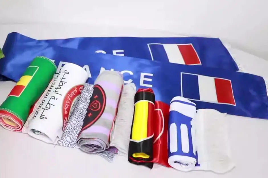 High quality Custom logo 17x145cm Europe Soccer Cup Scarf Fan Scarf Satin Polyester France England Brazil Argentine Scarf