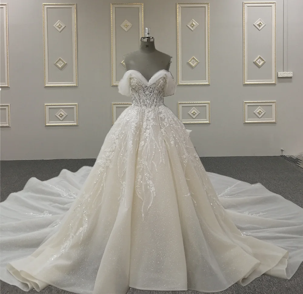 Exquisite Appliques Luxury Beaded Lace Bridal Gown Off Shoulder Wedding Dress