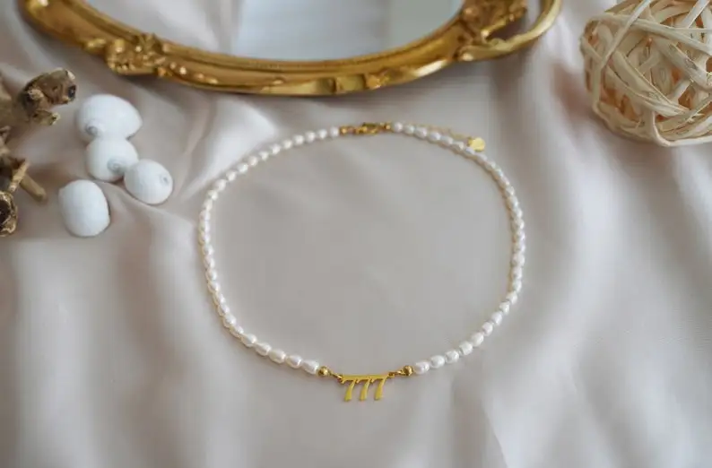 Angel Lucky Numbers Pearl Pvd Necklace 18k Gold Filled Plated Angel Number Necklace