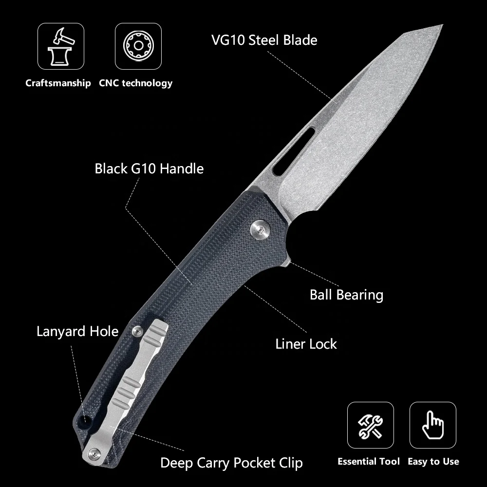 Professional Oem Factory Custom Outdoor Knife Set VG10 Steel Sandwashing Blade Black G10 Handle Defense Knife For Camping
