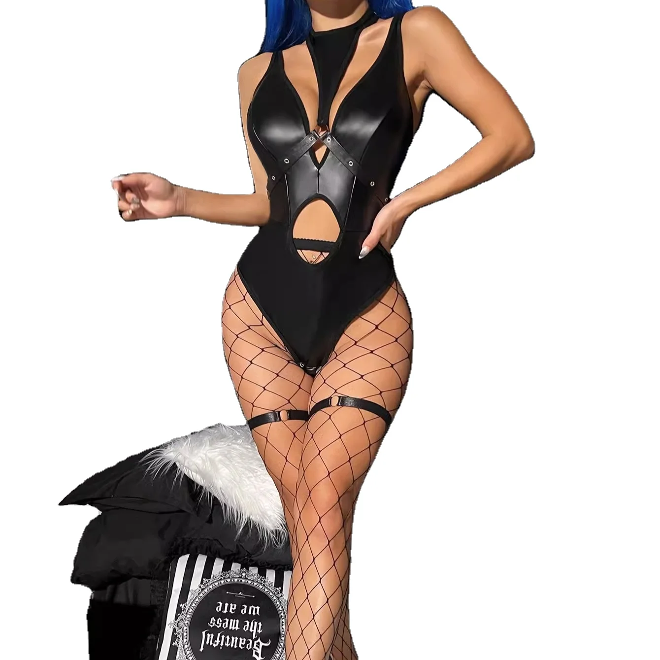 Sexy Hollow Out Mesh Hanging Neck Bodysuit Fishnet Socks Design Open Back Sexy Lingerie