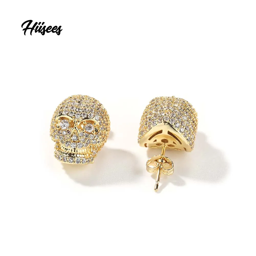 Hip Hop Rapper Skull Stud Earring Zircon Bling Ice Out Rock Jewelry Gold Diamond Silver Color earring for Men
