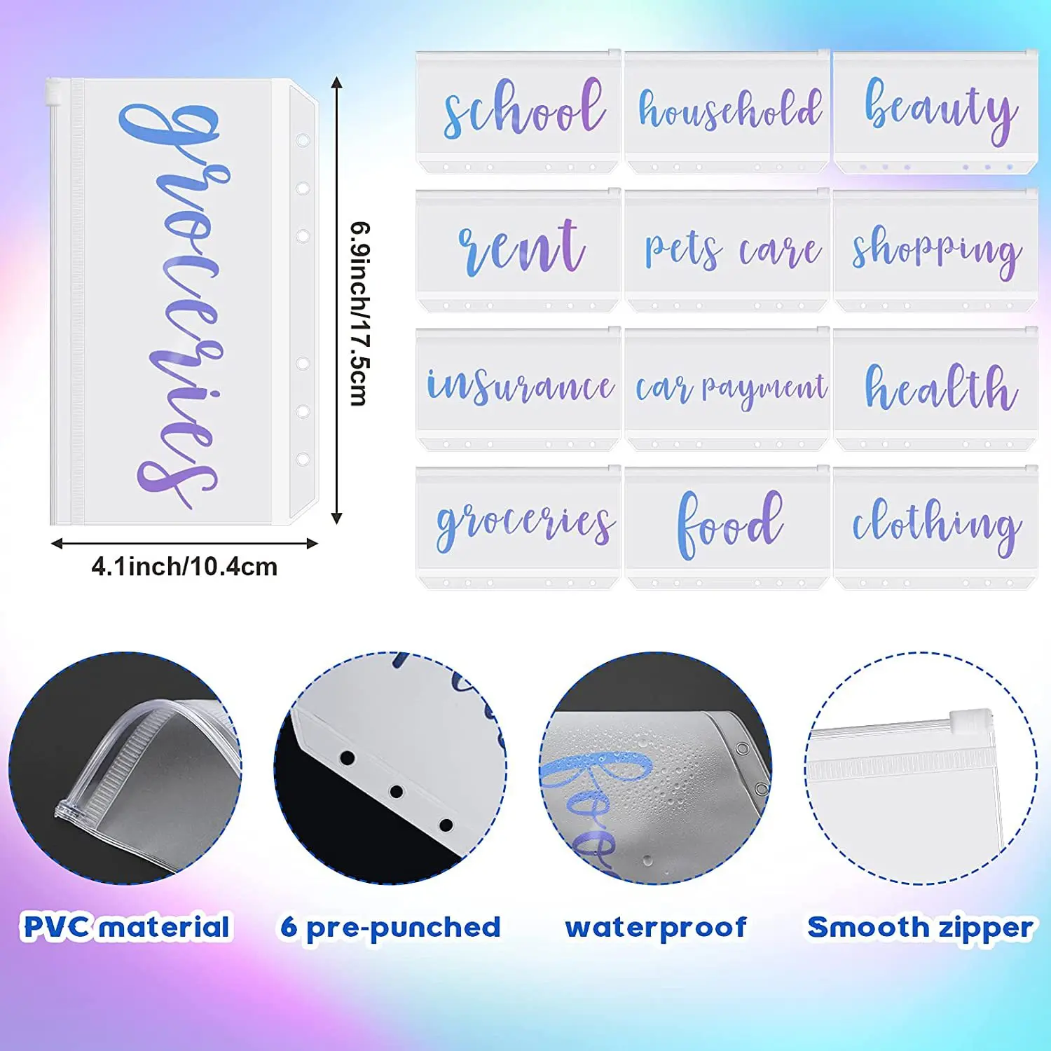 plastic pvc zipper bag clear holographic mylar aluminum foil zipper bags pouch label stickers a6 a7 cash envelopes for budgeting